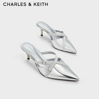 CHARLES&KEITH24夏法式尖头外穿细跟包头半拖鞋CK1-61720186 Silver银色 40