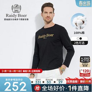 Raidy Boer/雷迪波尔男装【100%棉】烫金烫钻字母圆领长袖T恤6009 黑色  160/44/XS