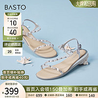BASTO 百思图 24夏商场珍珠条带休闲坡跟一字带女平底凉鞋RWZ31BL4 透明/银 35