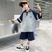 霖棉乐男孩套装12至14岁儿童衣服夏季款青少年休闲翻领短袖薄款两件套 灰色 170码(身高160cm-170cm)
