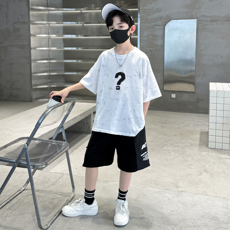 霖棉乐儿童套装男童衣服8岁-12岁夏装洋气中大童运动短袖时尚两件套 白色问号套装 170 身高160cm-170cm