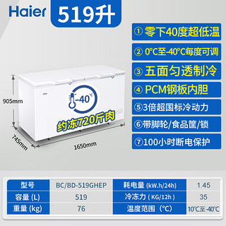 海尔（Haier）冰柜商用大容量519升零下40度超低温电子控温全冷冻卧式速冻冰柜BC/BD-519GHEP 519升丨零下40度丨电子控温