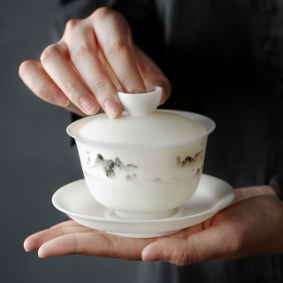金镶玉 盖碗 羊脂玉瓷盖碗家用泡茶三才盖碗茶杯家用茶具配件 白瓷山居盖碗