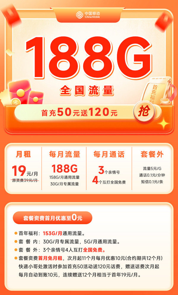 China Mobile 中國移動 云意卡 首年19元月租（158G通用+30G定向+2000分鐘免費親情通話）激活送20紅包