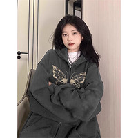 LDBE开衫卫衣外套女美式复古春季加绒加厚oversize宽松慵懒风连帽上衣 深灰色【春秋薄款】 L(95-110斤)