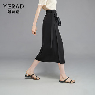 娅丽达（YERAD）设计感一片式高腰系带半身裙女夏季2024裙子黑色直筒裙 黑色 (A0)-洋气系带 XXL