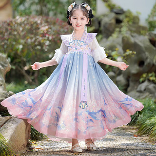 Anneyol 安妮优儿 汉服女童春款2024春秋季古风连衣裙超仙襦裙儿童中国风唐装夏 紫色短袖 130