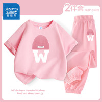真维斯童装女童运动套装2024夏季儿童粉色两件套时髦中大童休闲圆领短袖 粉/粉帽-粉/粉帽K 150