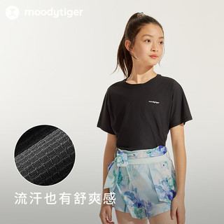 moodytiger女童短袖T恤24夏季吸汗圆领纯色宽松运动上衣薄款 炭黑色 175cm