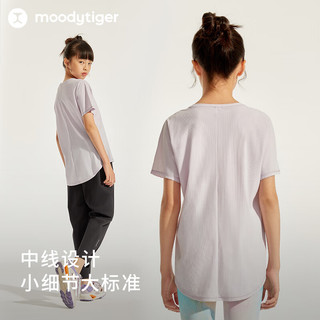 moodytiger女童短袖T恤24夏季吸汗圆领纯色宽松运动上衣薄款 炭黑色 175cm