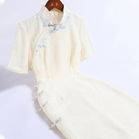 戚薇小个子旗袍女夏季2024年年轻款少女日常可穿新中式连衣裙 米色 3XL