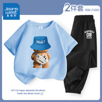 真维斯童装男孩酷帅套装2024夏季儿童休闲两件套帅气中大童单孔丝防蚊裤 蓝/蓝帽背影熊-黑/J08K 160