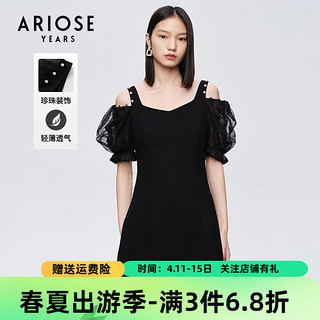 ARIOSE years 艾诺丝雅诗 夏新珍珠网纱泡泡袖短袖小清新小黑裙连衣裙10429006 黑色 S