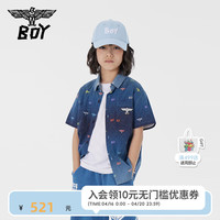 BOY JUNIOR24儿童短袖衬衫春夏字母印花深蓝牛仔色上衣男童女童 蓝色 120