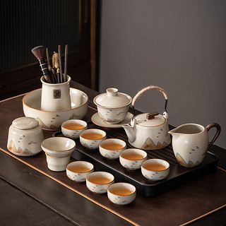 cpm·teaset/瓷牌茗·茶具 米黄汝窑功夫茶具套装家用轻奢茶壶盖碗泡茶办公陶瓷茶杯茶盘整套