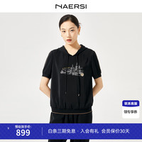 娜尔思 运动风连帽短袖T恤 黑色 M
