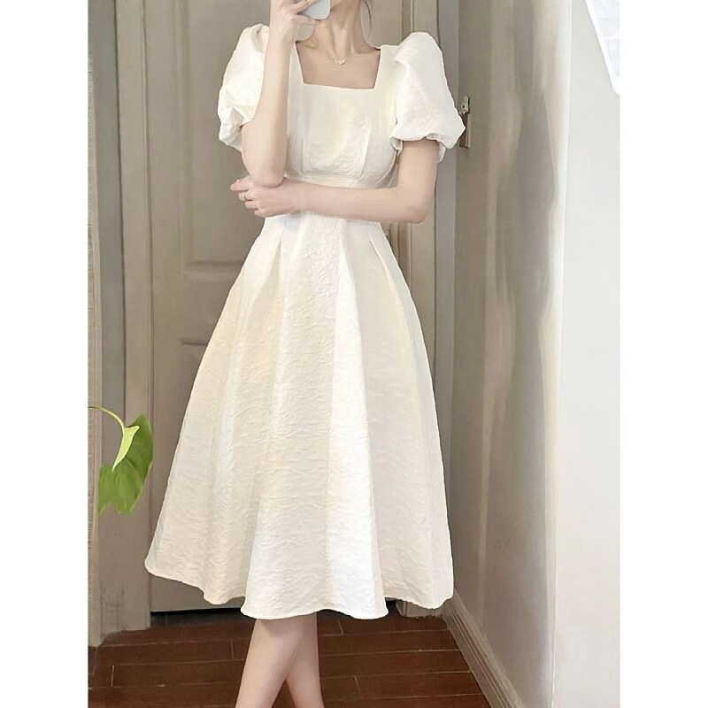 法式初恋白色大摆长裙子夏季女装方领收腰显瘦气质连衣裙子 白色 S