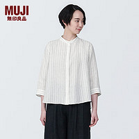 无印良品 MUJI 女式 麻 水洗 立领 七分袖罩衫女士衬衫衬衣夏季款BC2JJA4S 米白色条纹 M （160/84A）