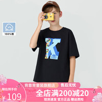 Kappa Kids卡帕儿童夏季短袖印花舒适自由百搭黑T恤24夏季上衣 黑色   130