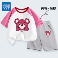 真维斯童装女童套装2024夏季女大童纯棉短袖短裤夏款儿童薄款运动两件套 玫粉/草莓红熊-灰/粉熊头 160