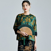 陌遇2024春夏中国风复古改良提花缎侧开襟茶服新中式唐装上衣 绿色 S