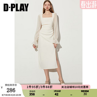 DPLAY春法式风杏色方领时装拼接欧根纱泡泡袖下摆侧开衩连衣裙 奶油杏 XL