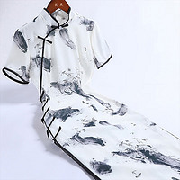 戚薇旗袍2024日常中国风女装山水水墨画新中式连衣裙夏季长款 米色 M