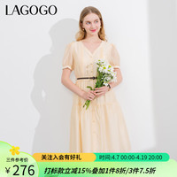 lagogo拉谷谷法式V领腰带连衣裙2024夏季气质修身短袖裙子女 米色(T2) XL
