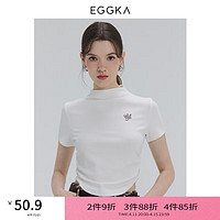 EGGKA 高领纯色刺绣T恤修身短款收腰通勤简约设计正肩短袖字母上衣 白色 S