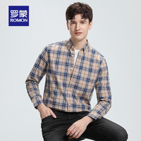 罗蒙纯棉长袖衬衫男2024春季商务休闲百搭易打理衬衣男 黄格 38