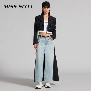 MISS SIXTY2024春季牛仔裙女开衩拼接性感个性长裙欧美高街风 中蓝 XS