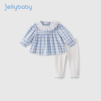 JELLYBABY女童春秋套装儿童休闲春装婴幼儿衣服春季一岁宝宝格纹两件套 蓝色 120CM