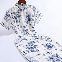 戚薇改良旗袍女夏季2024年轻款气质高端复古民国风短袖连衣裙 青花色 M