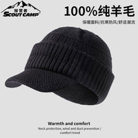探营者帽子冬季男女老年人100%纯羊毛针织毛线鸭舌帽防风保暖加厚护耳帽 黑色 (100%羊毛) 均码