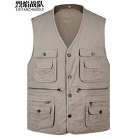 烈焰战队马甲 男士中年春秋纯棉多口袋钓鱼马夹背心 中老年居家休闲坎肩 卡其色(01款) 4XL(体重165-180斤)
