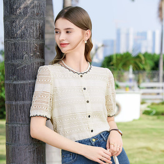 百图betu女装2024春夏衬衫小众设计蕾丝短袖花边领衬衫女2403T63 杏色 M
