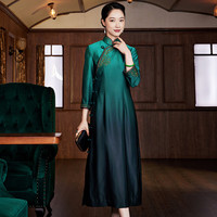 玺玥中国风2024春季原创渐变如意刺绣改良中式长款旗袍连衣裙气质 绿色 S