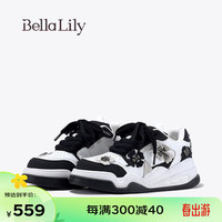 Bella Lily2024春季黑白拼色松糕板鞋女牛皮休闲鞋显瘦运动鞋 黑白 35