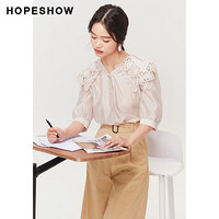 HOPESHOW 红袖 夏季新款女单排扣短袖蕾丝娃娃领衬衫