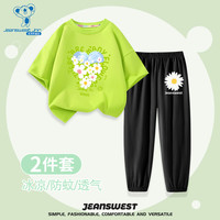 真维斯女童套装夏季纯棉儿童短袖防蚊裤薄款两件套女孩可爱风夏装 果绿 J春日花+黑 菊花x 160