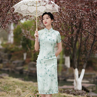 戚薇改良绿色旗袍女夏2022年年轻款少女日常国风小清新连衣裙 绿-烟雨江南-夏款 XL