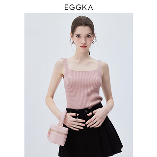 EGGKA 方领针织吊带背心春季简约修身显瘦小众坑条纹无袖打底上衣 粉色 均码