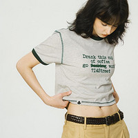 714STREET 潮牌字母印花短袖女式T恤2024夏季撞色女士打底衫短款