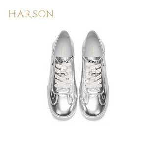 哈森2024春真皮小白鞋平底舒适女休闲鞋简约女鞋HWC240123 银色 36