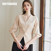 ROEYSHOUSE 罗衣 气质杏色拼接天丝衬衫2024春夏新款法式V领衬衣修身上衣10300 杏色 L