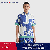 TOMMY HILFIGER 男装纯棉府绸休闲度假风花卉宽松透气短袖衬衫MW0MW23176 蓝白印花0GY XS