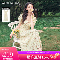 WESTLINK 西遇 法式碎花连衣裙女2024年夏季新款海边度假风短袖公主茶歇裙 黄色 S