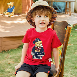 精典泰迪 儿童短袖T恤童装女童上衣男童夏装宝宝衣服1 棒球帽子熊织标短袖大红 120