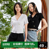 Semir 森马 短袖T恤女短款绣花夏季修身V领针织衫气质正肩显瘦上衣新款