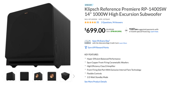Klipsch 杰士 Reference Premiere RP-1400SW 14" 1000W 低音炮
